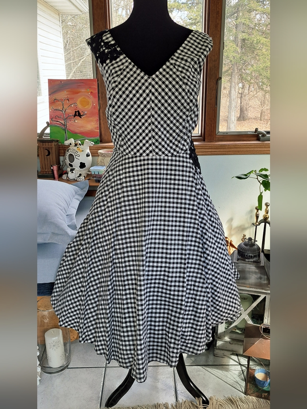 Vintage-Inspired Black & White Gingham Midi Dress